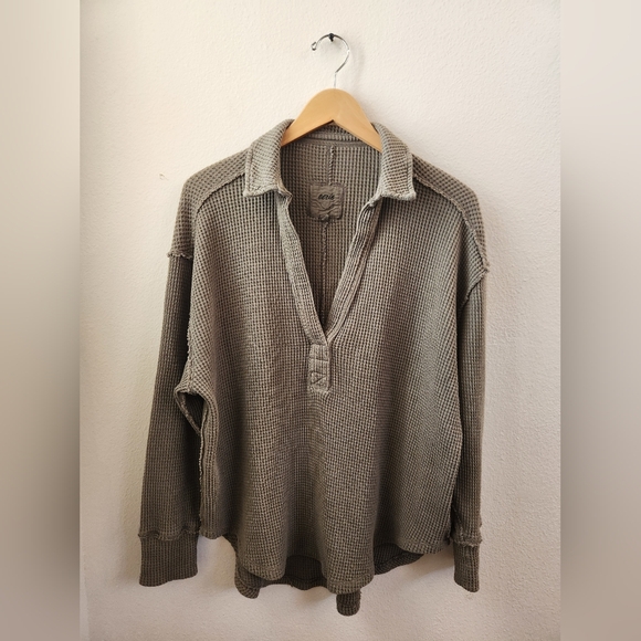 aerie Tops - Aerie American Eagle Lumber Jane Waffle Polo Oversized Pullover Top Green Medium